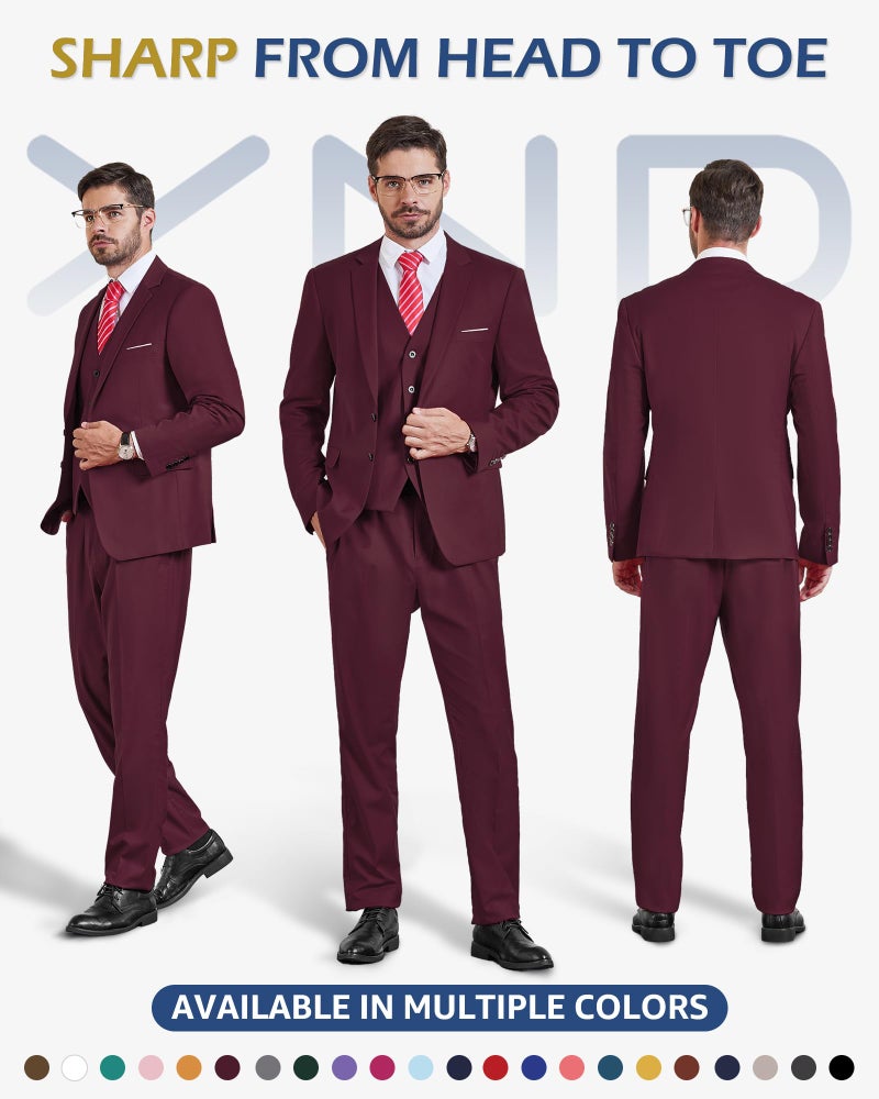 YND Men's 3 Piece Suit Set with Tie, 2 Button Slim Fit Solid Blazer Jacket Vest Pants, Business Wedding Party Suits for Men, Burgundy - Image 2